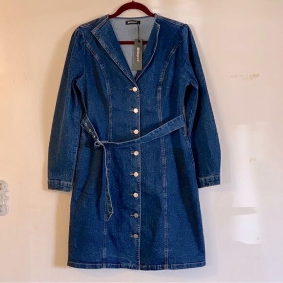 Allegra K Denim Dress w/ Belt Puffy Shoulders Lapels Sz Medium NWT Gorgeous - Picture 1 of 8